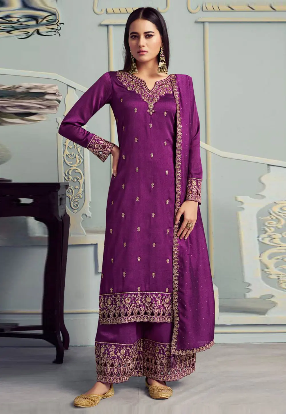 Purple Silk Georgette Pakistani Suit 301093