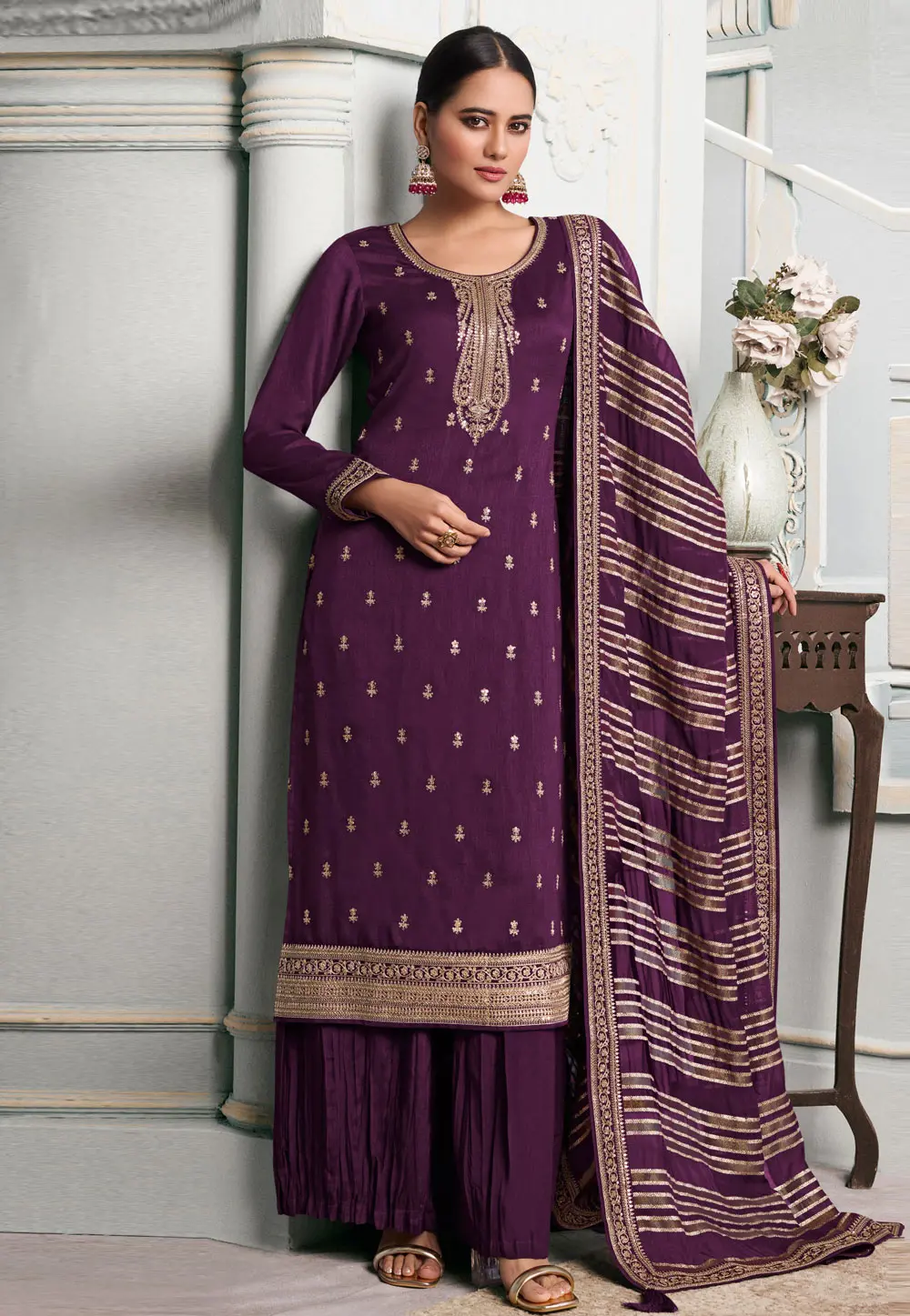 Purple Silk Georgette Palazzo Suit 297561