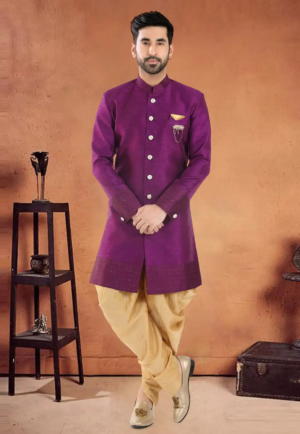 Purple Silk Indo Western Suit 290593