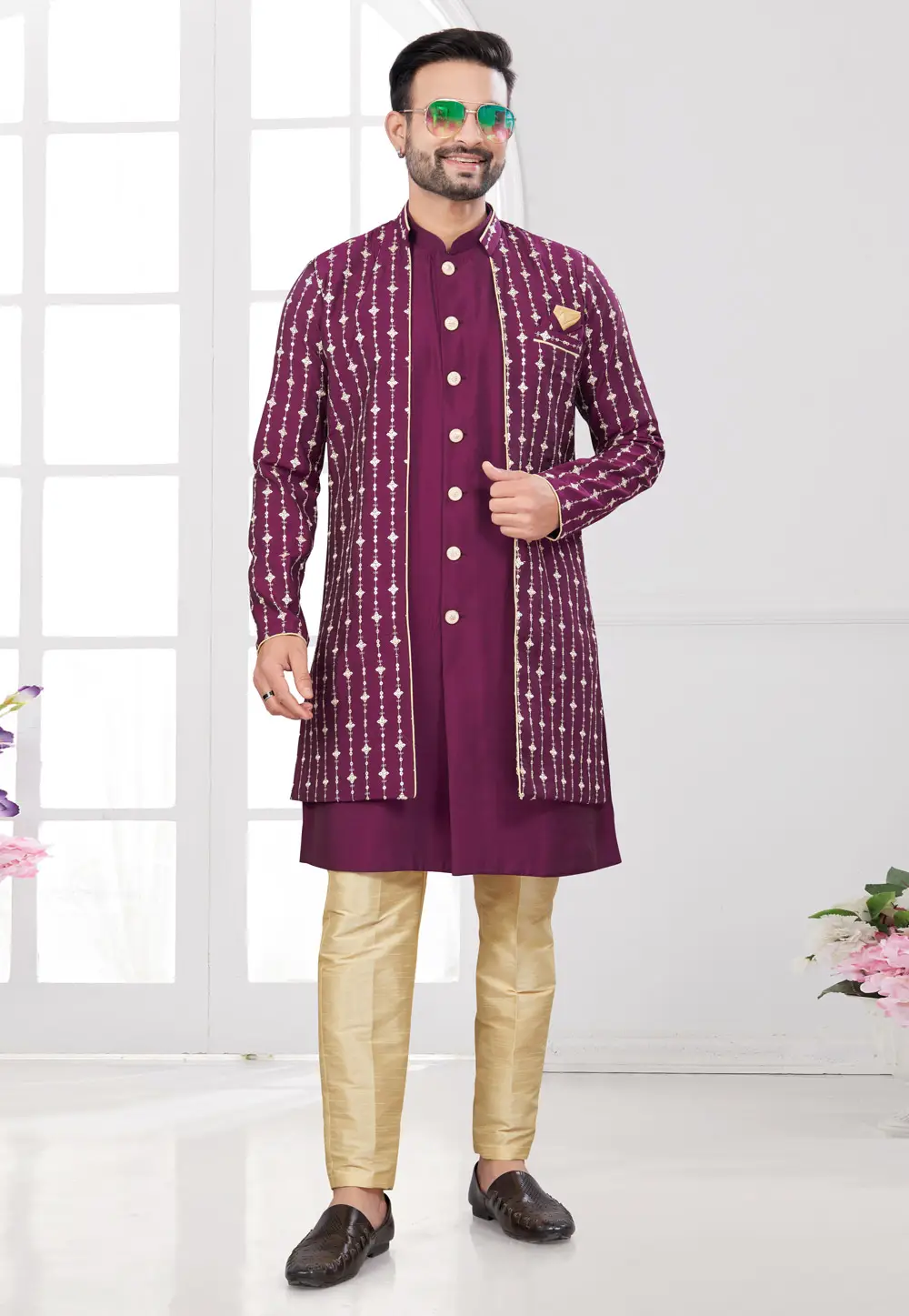 Purple Silk Indo Western Suit 295604