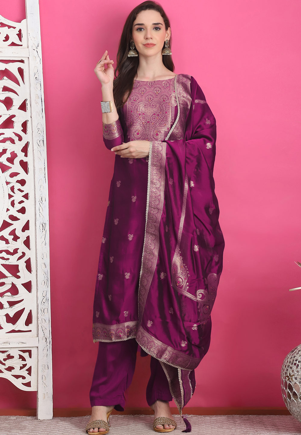 Purple Silk Jacquard Pakistani Suit 310134