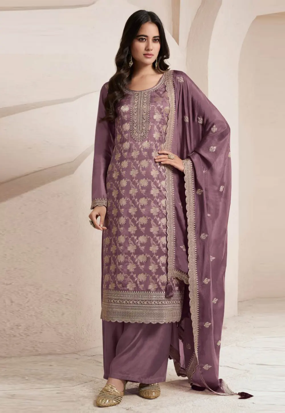 Purple Silk Jacquard Palazzo Suit 301086