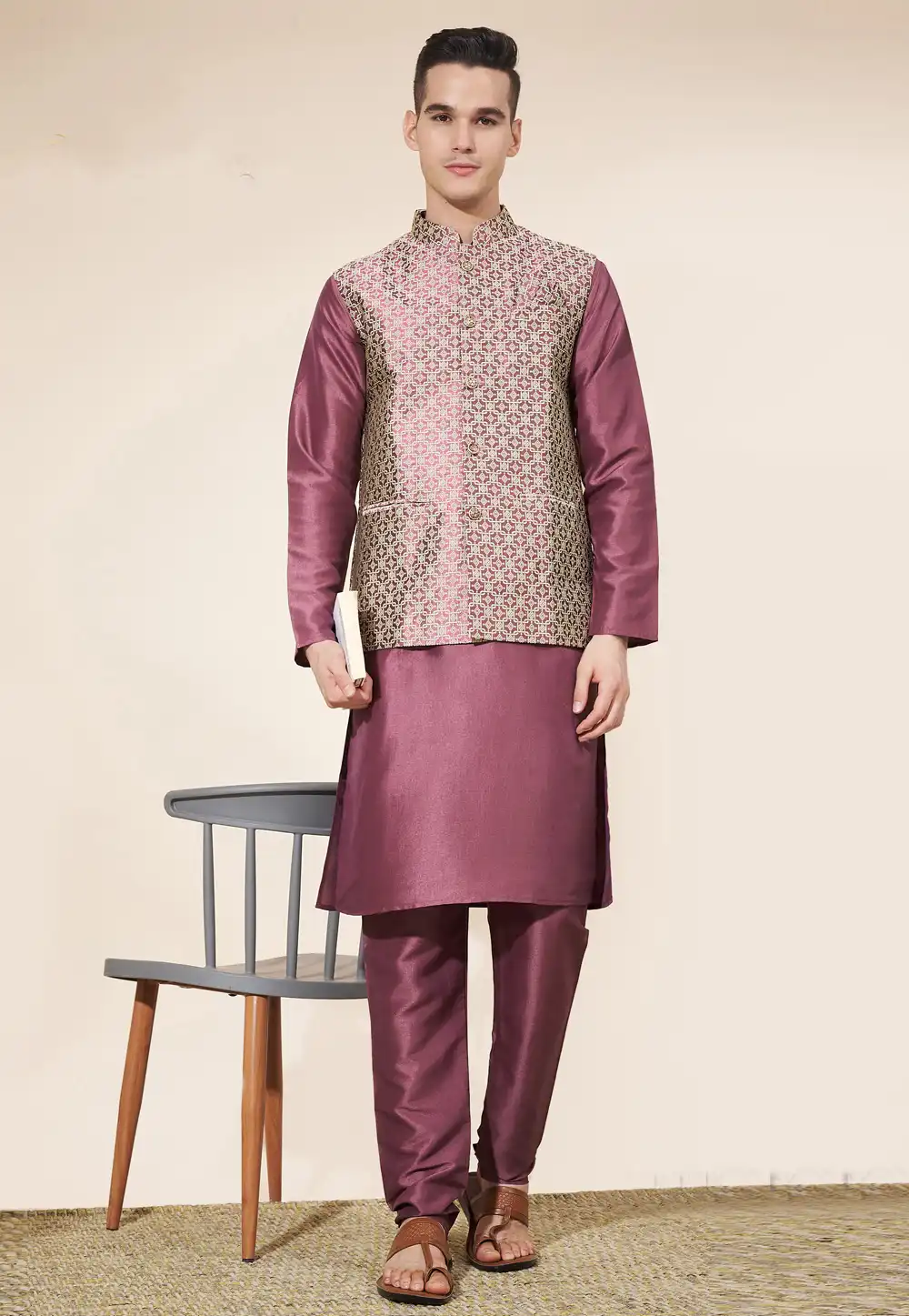 Purple Silk Kurta Pajama With Jacket 287881