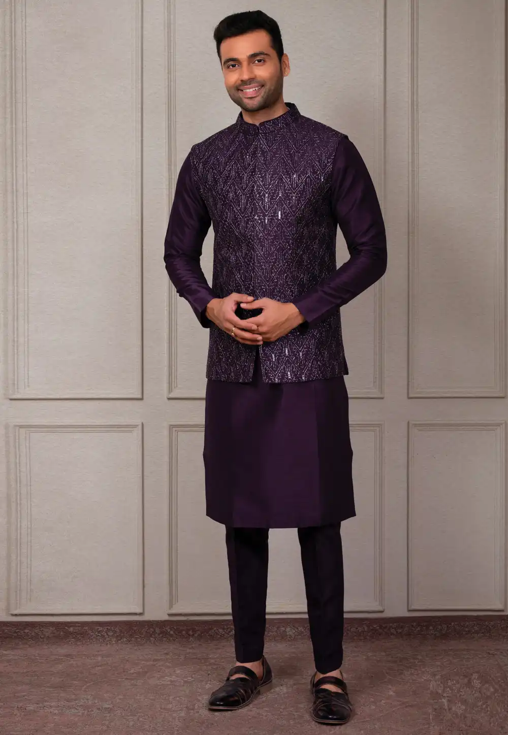 Purple Silk Kurta Pajama With Jacket 293916