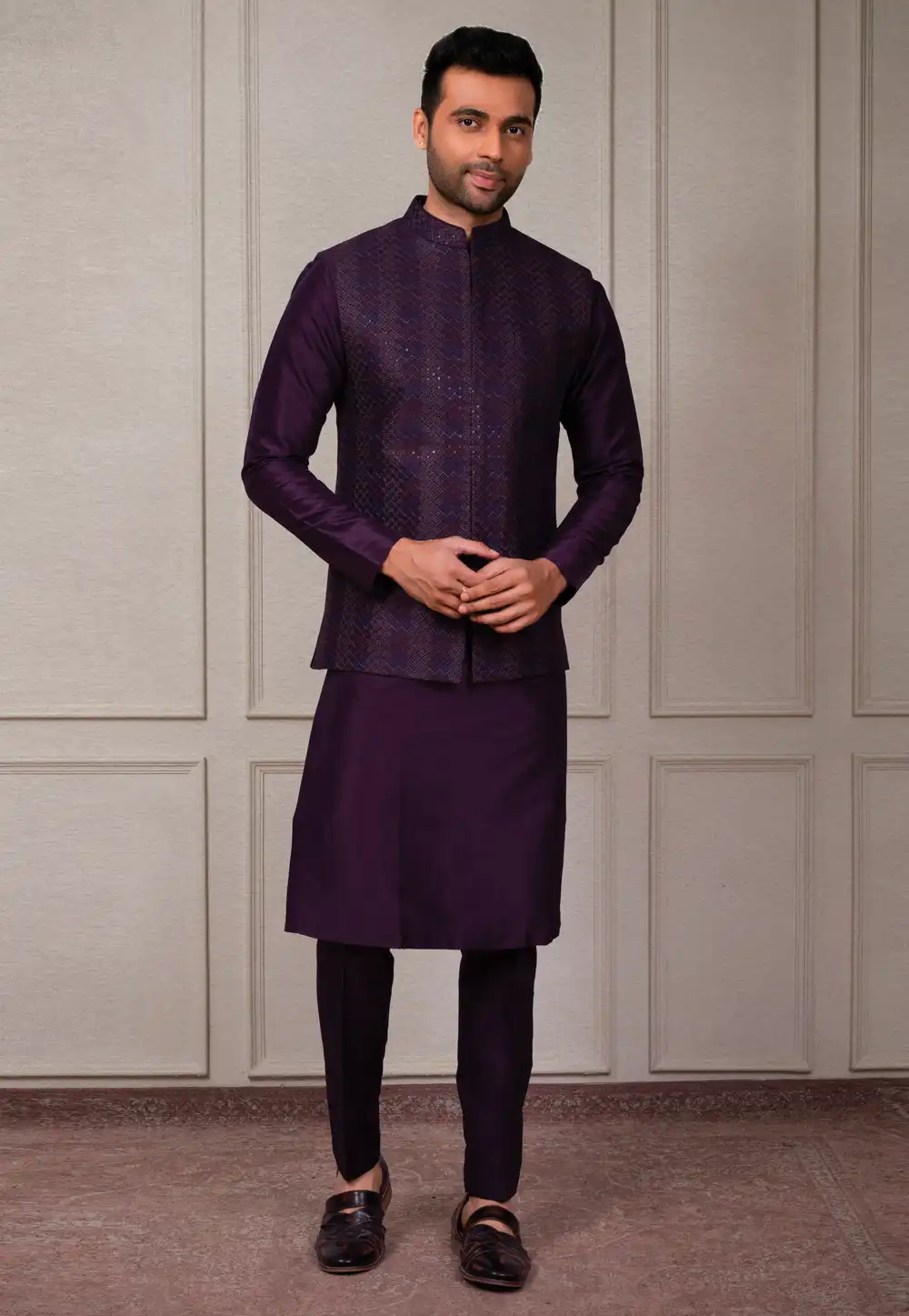 Purple Silk Kurta Pajama With Jacket 293917