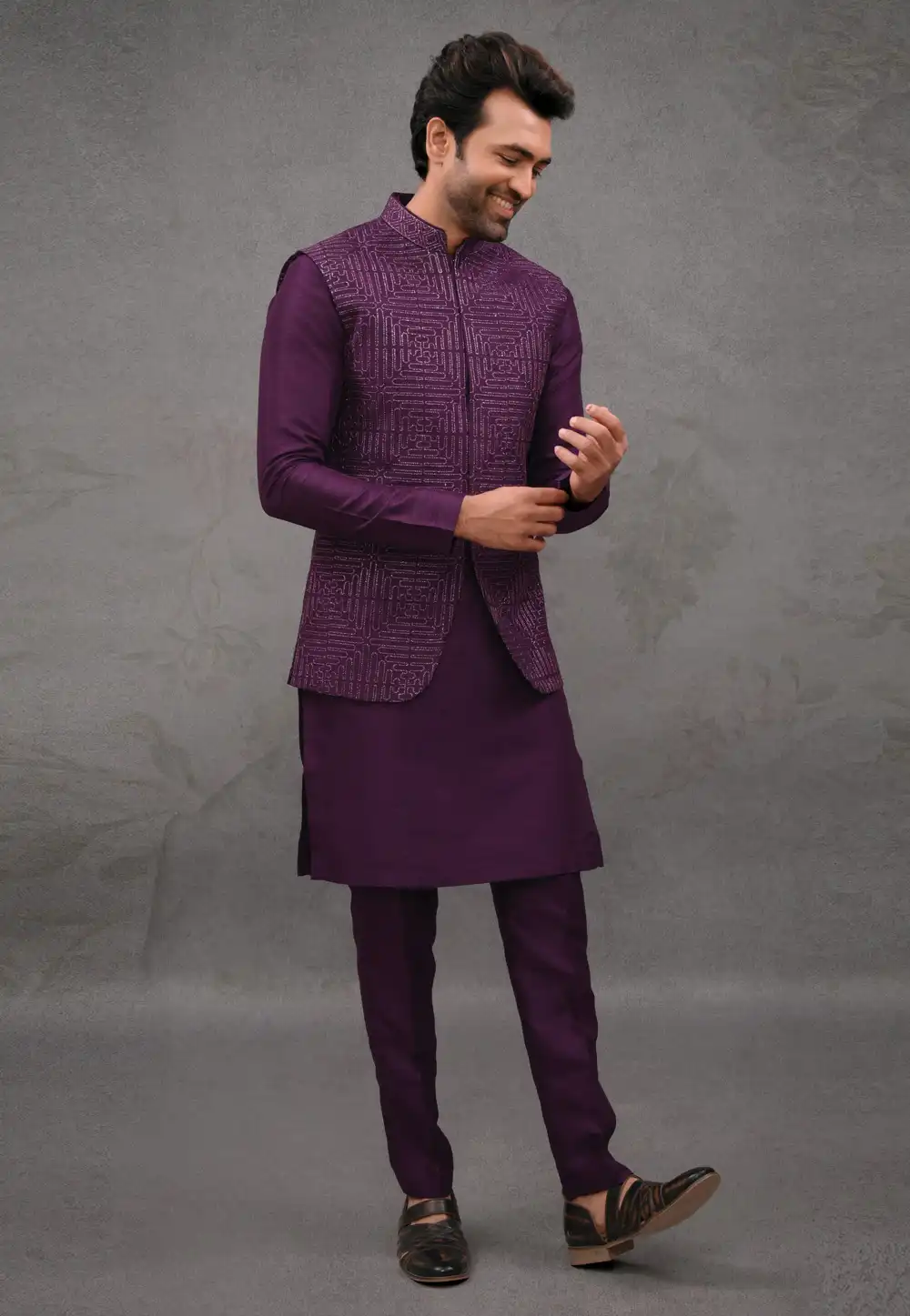 Purple Silk Kurta Pajama With Jacket 293922