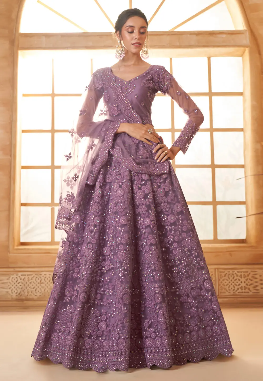 Purple Silk Net Lehenga Choli 297583