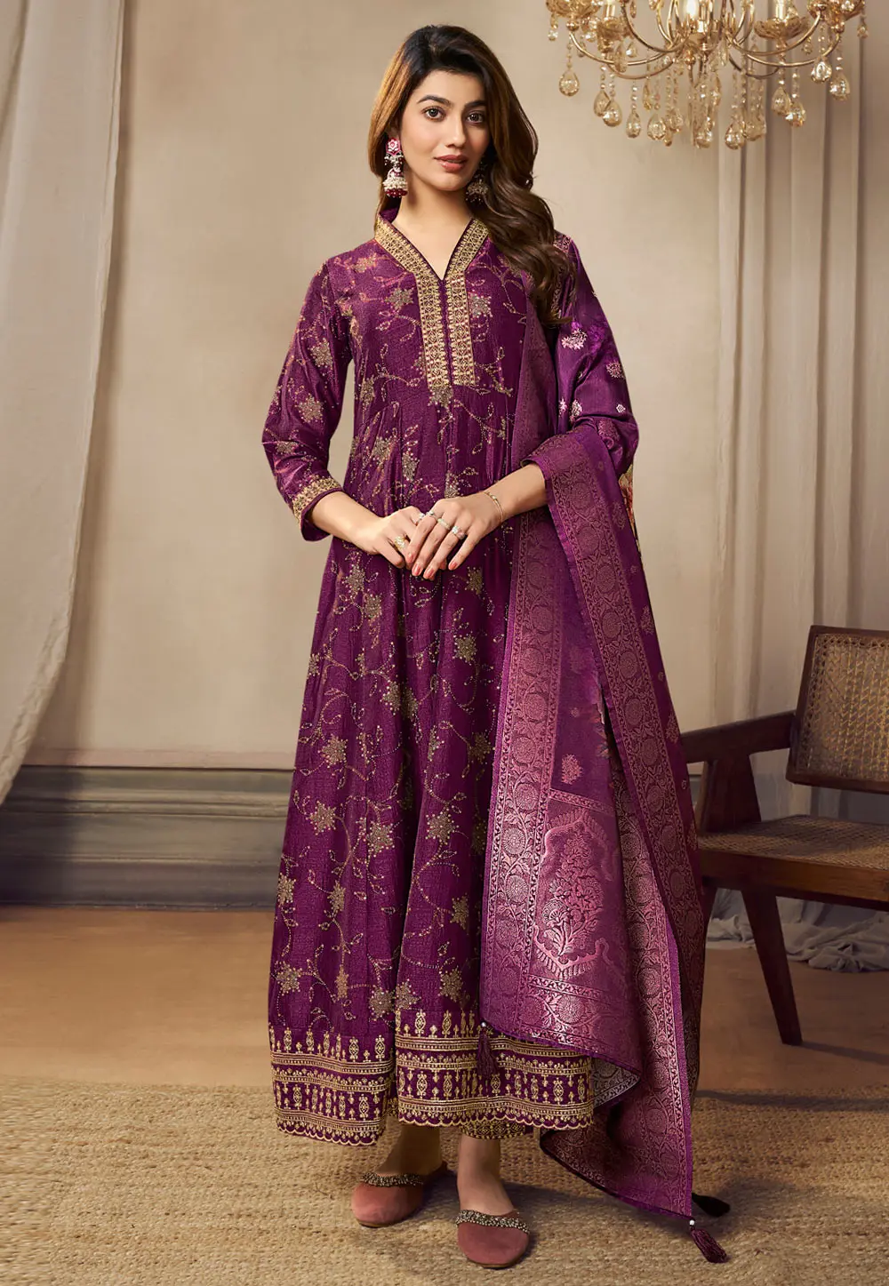 Purple Silk Readymade Long Anarkali Suit 301614