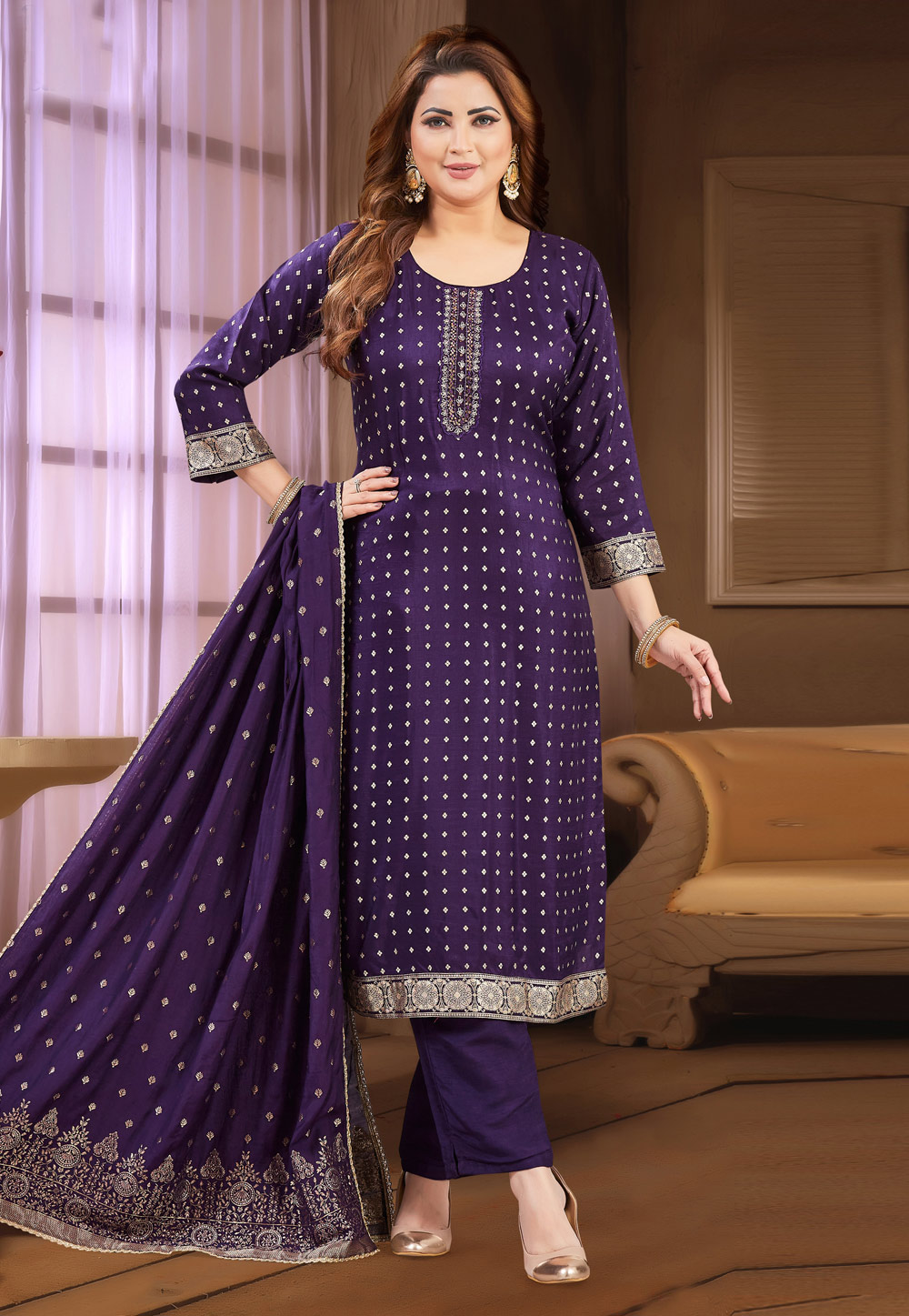 Purple Silk Readymade Pakistani Suit 305850