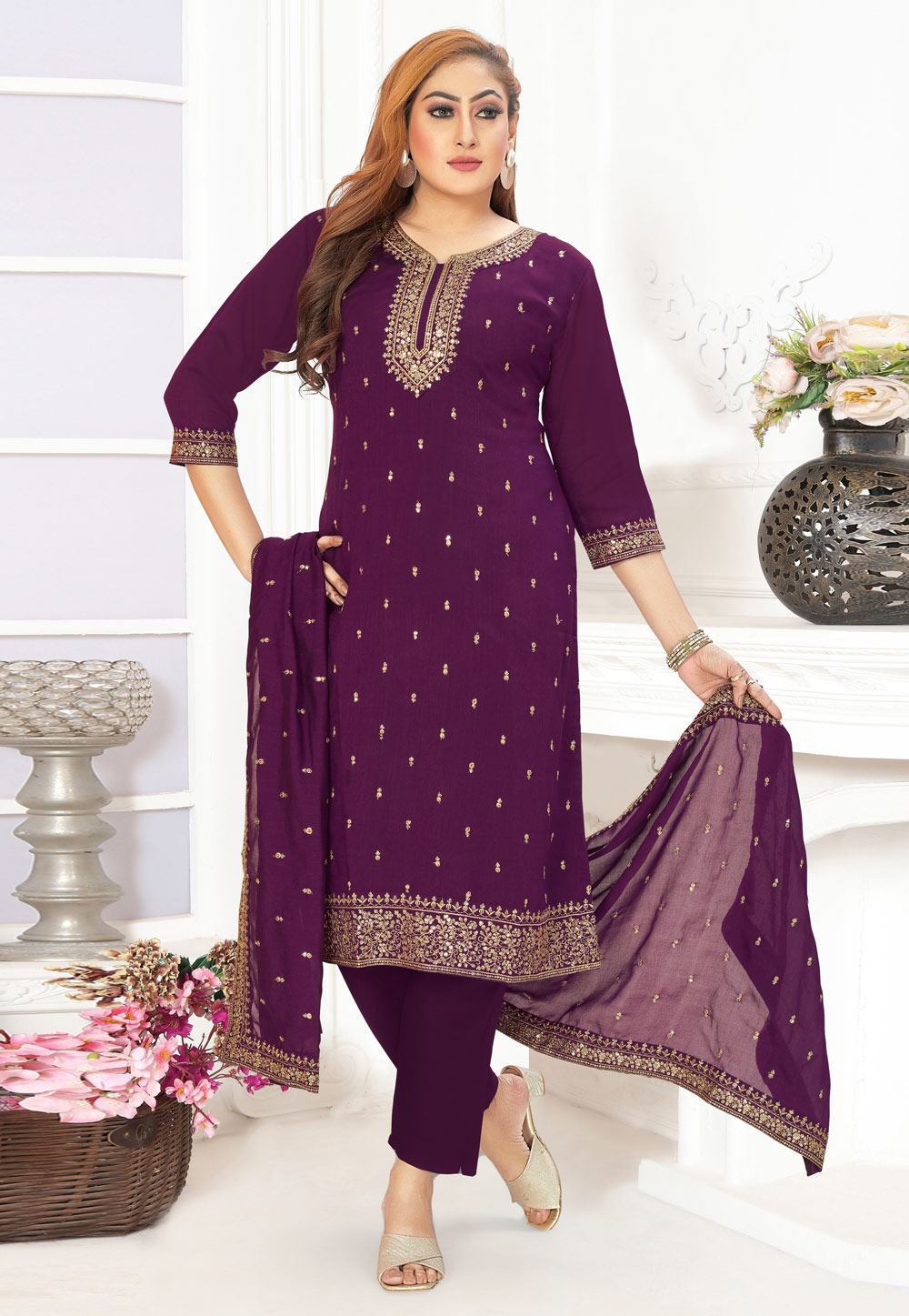 Purple Silk Readymade Pakistani Suit 305045