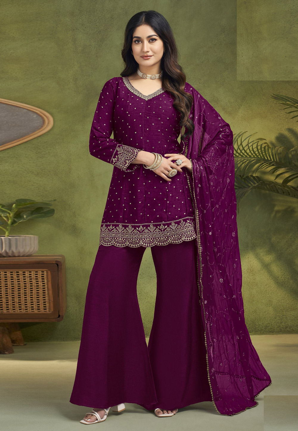 Purple Silk Readymade Pakistani Suit 310868
