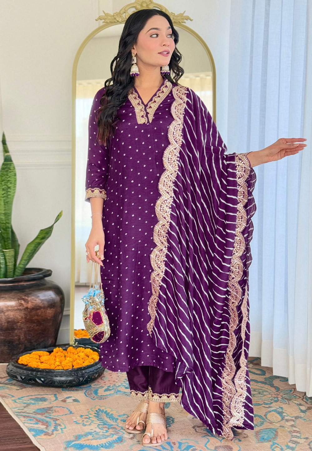 Purple Silk Readymade Pakistani Suit 309471