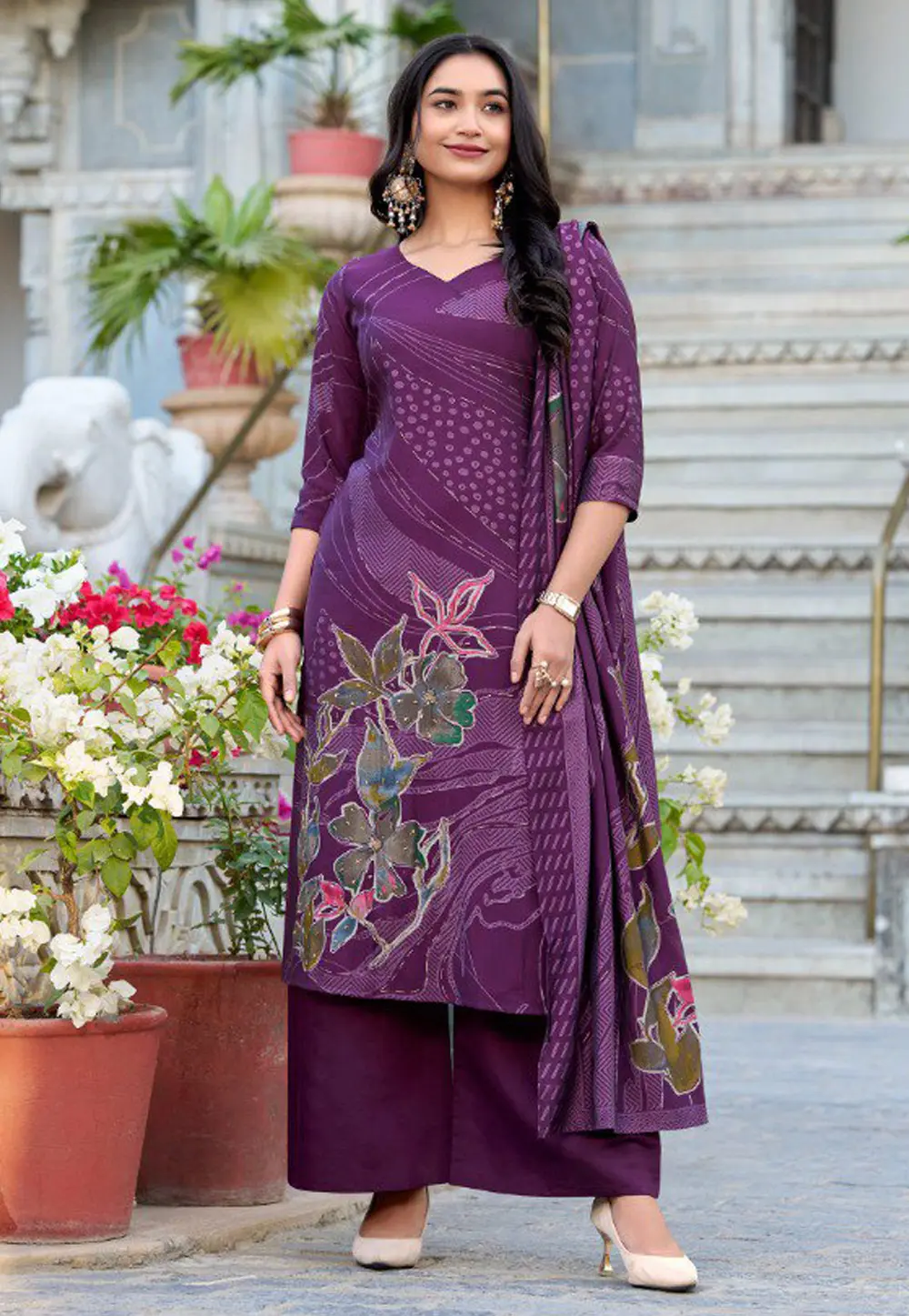 Purple Silk Readymade Palazzo Suit 301461