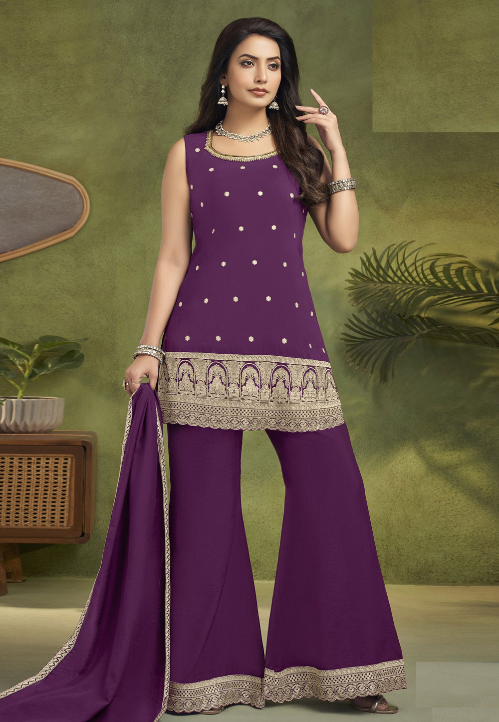Purple Silk Readymade Palazzo Suit 310869