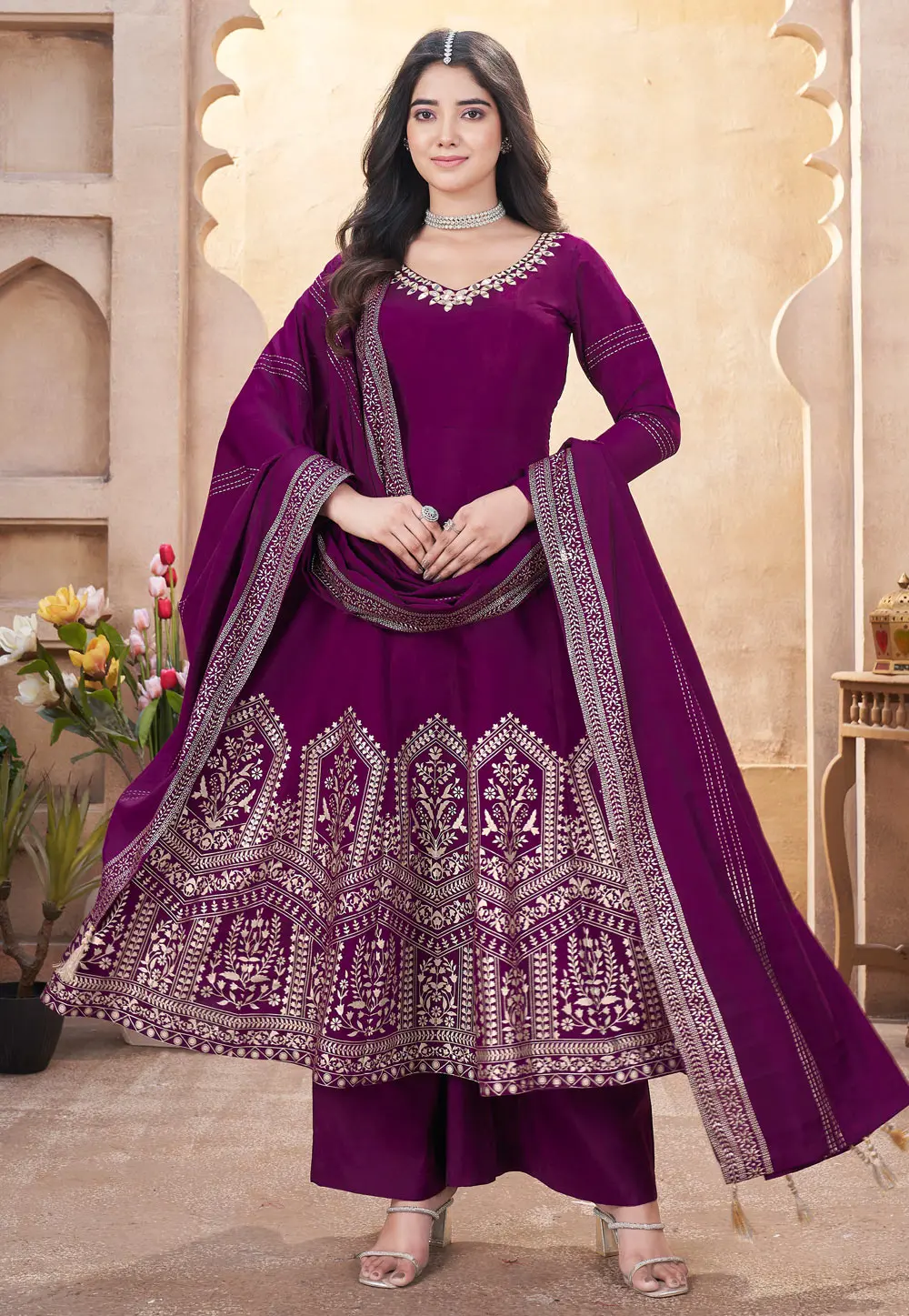 Purple Silk Readymade Palazzo Suit 304049