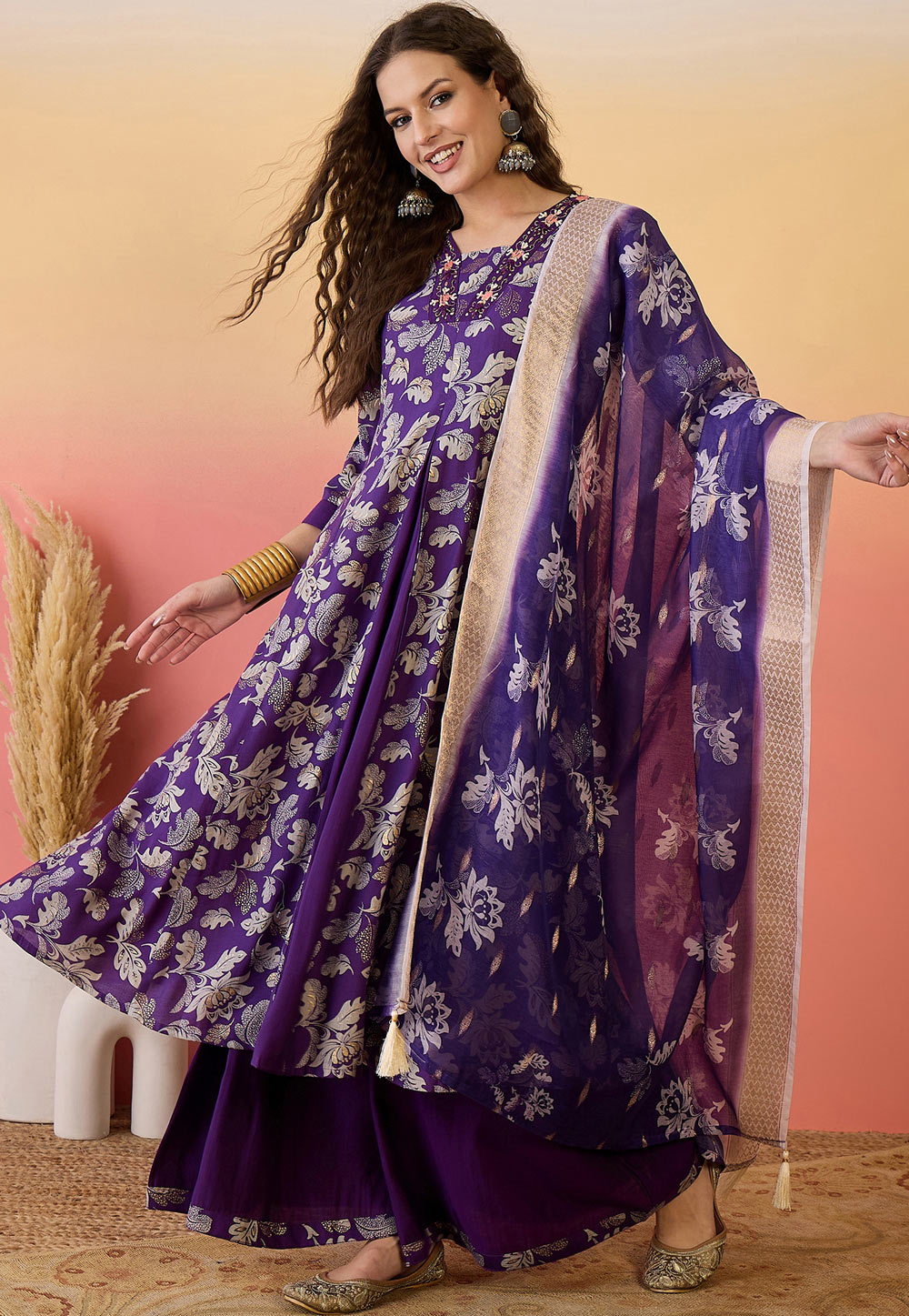 Purple Silk Readymade Palazzo Suit 309160