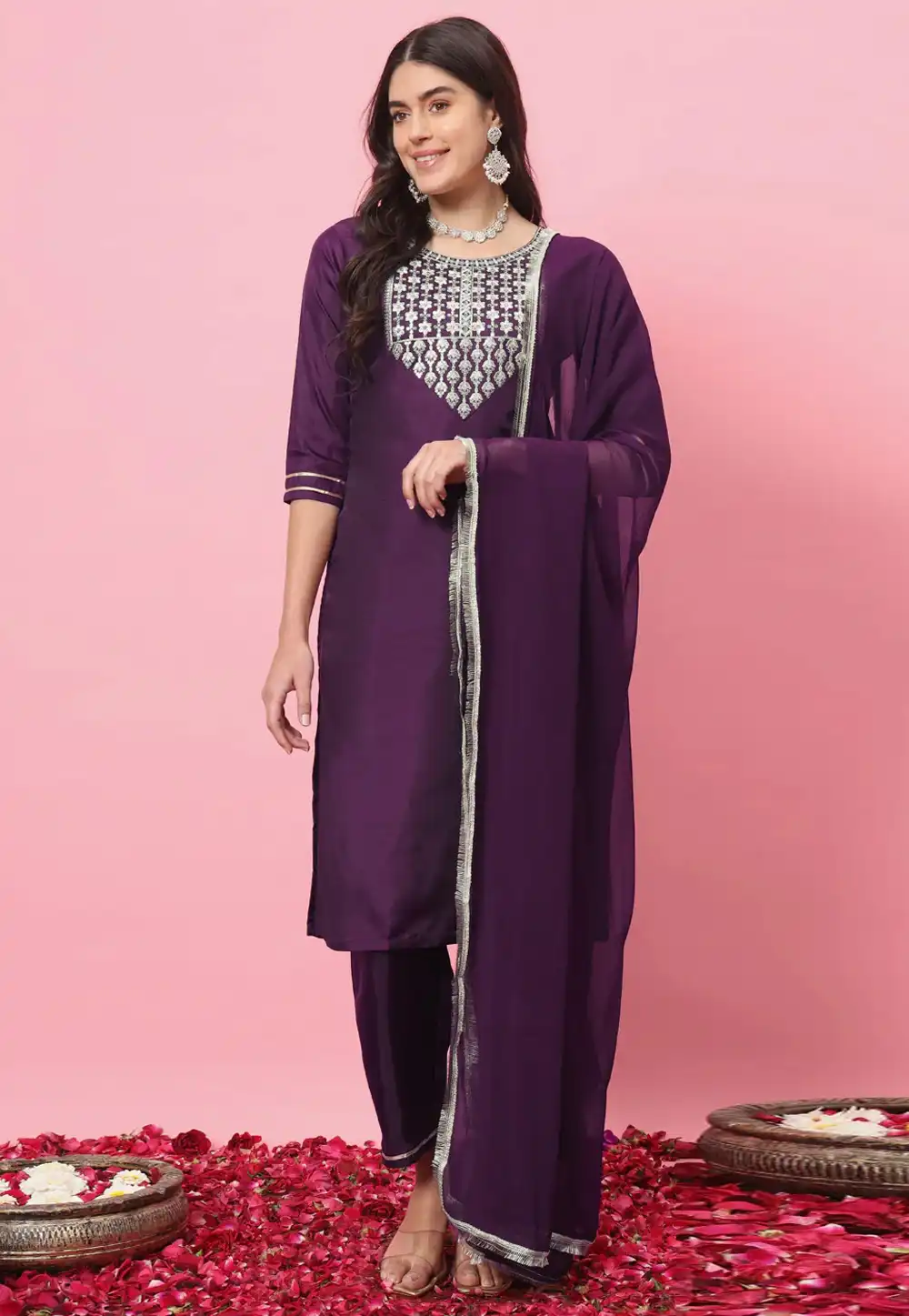 Purple Silk Readymade Pant Style Suit 289347