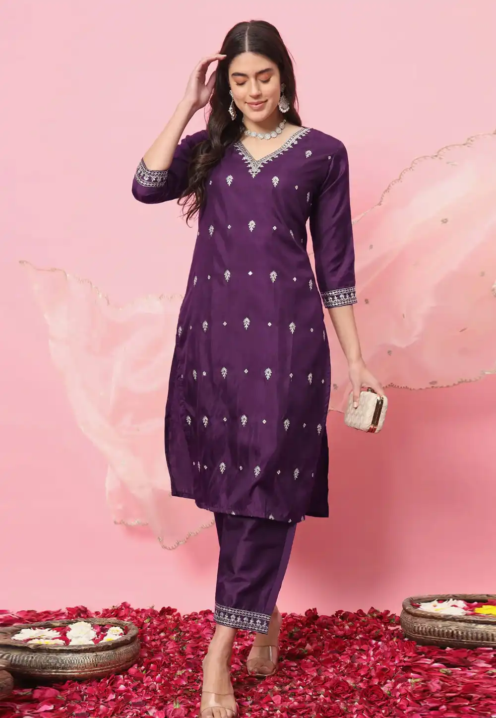 Purple Silk Readymade Pant Style Suit 289357