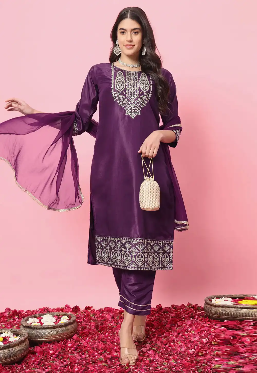 Purple Silk Readymade Pant Style Suit 289470