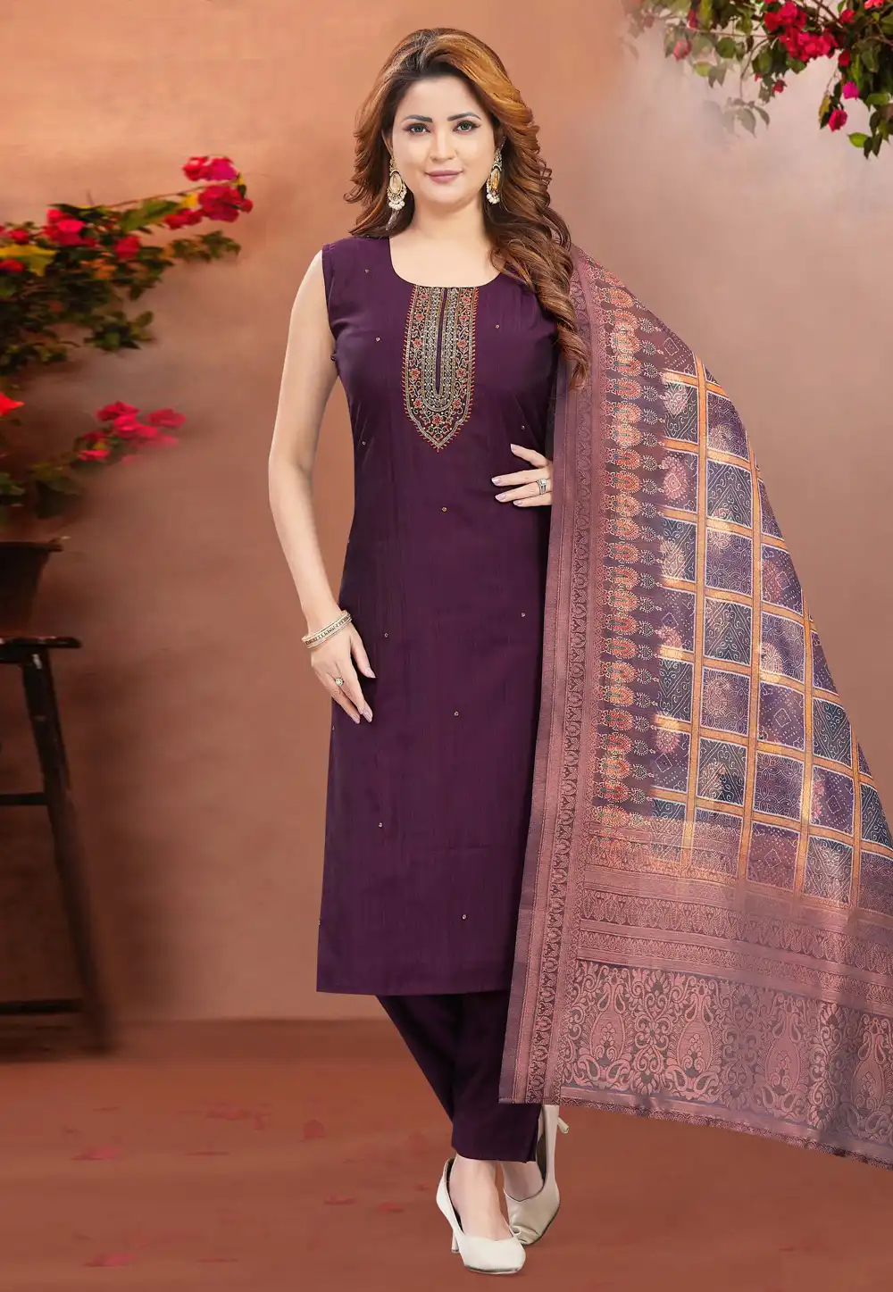 Purple Silk Readymade Pant Style Suit 294080