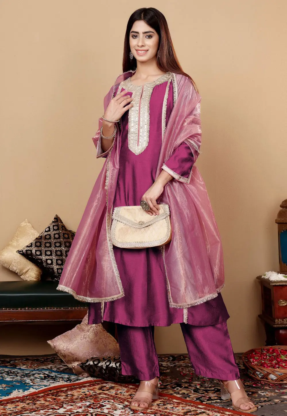 Purple Silk Readymade Pant Style Suit 302862