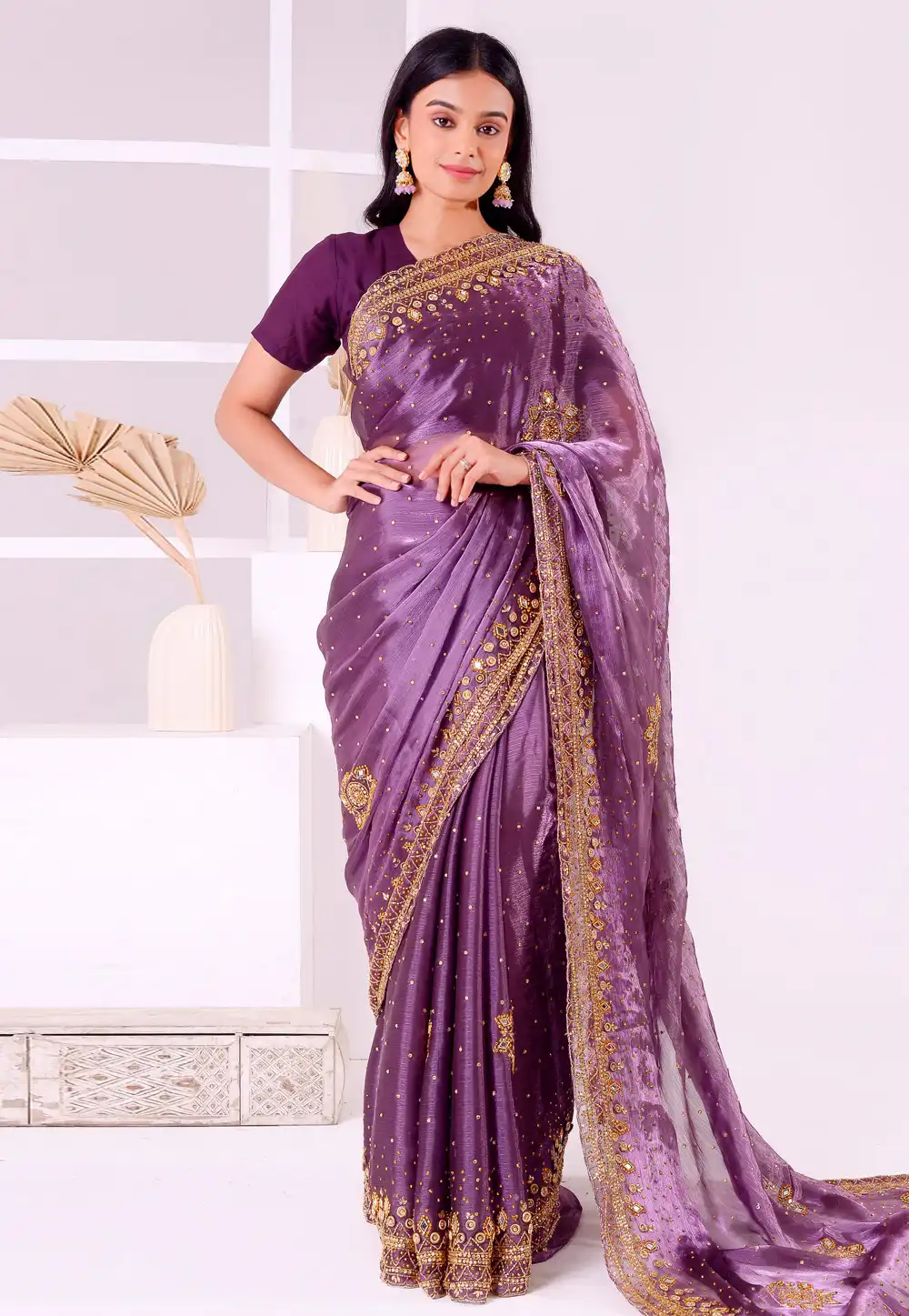 Purple Tissue Saree With Blouse 293594