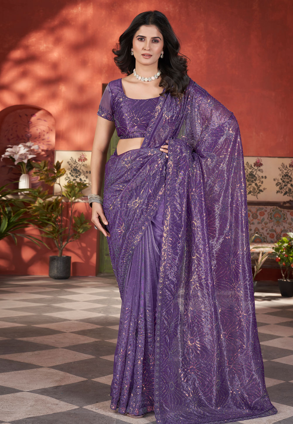 Purple Tissue Sequence Saree 309830