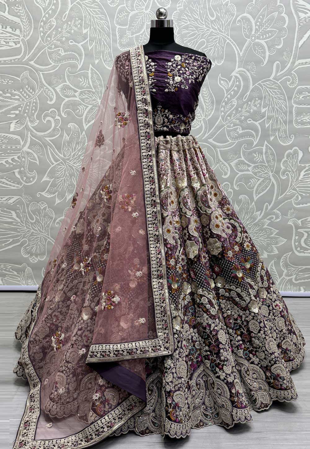 Purple Velvet Bridal Lehenga Choli 285551