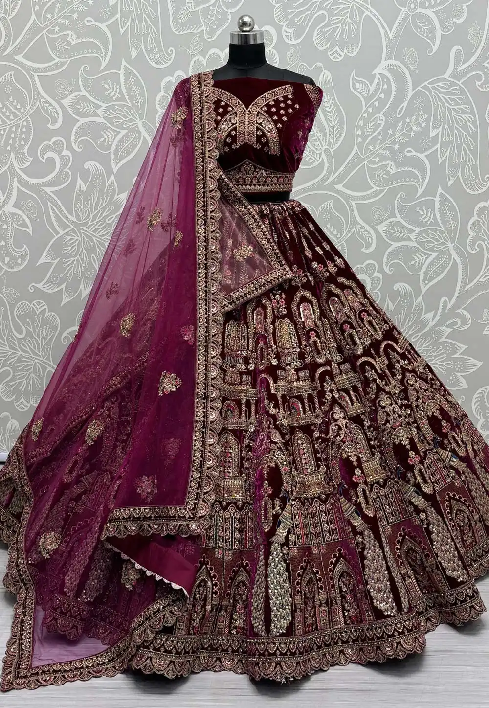 Purple Velvet Bridal Lehenga Choli 294878