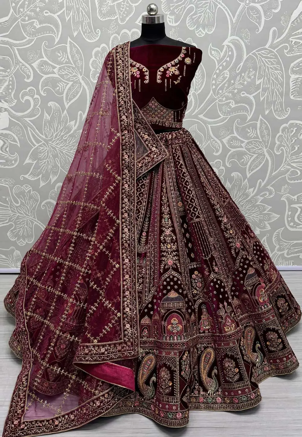 Purple Velvet Bridal Lehenga Choli 295545