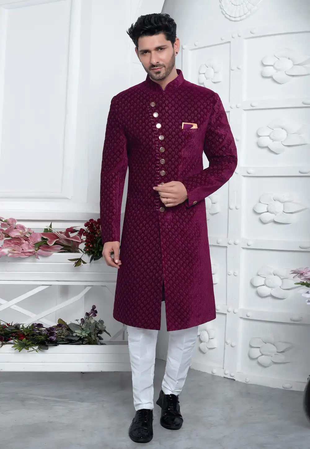 Purple Velvet Indo Western Suit 291296