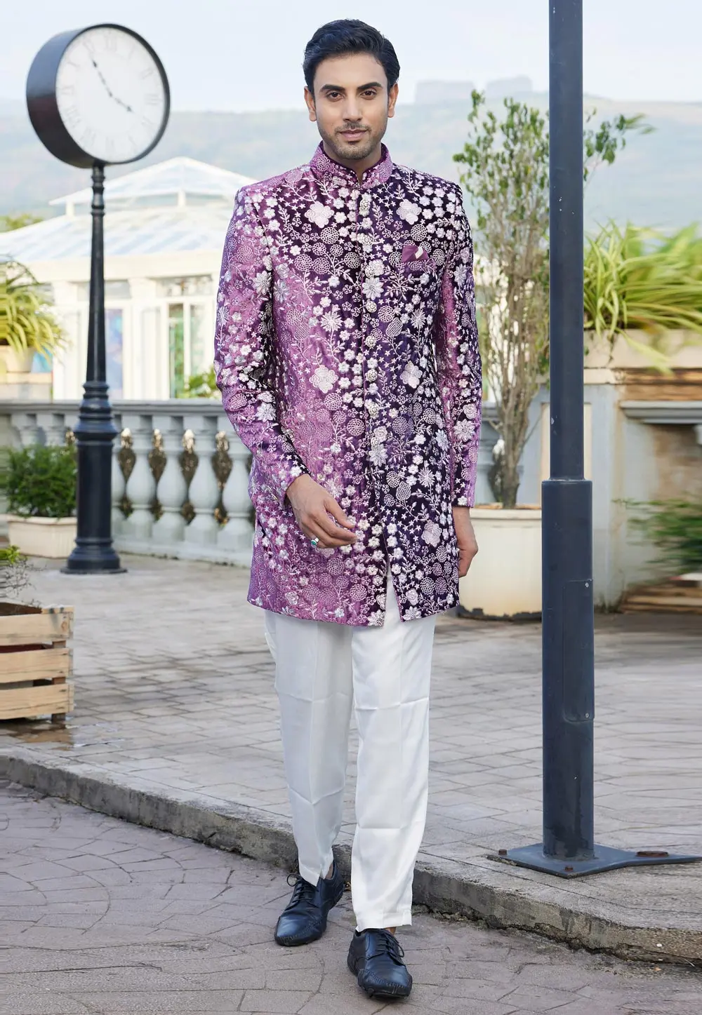 Purple Velvet Indo Western Suit 302185