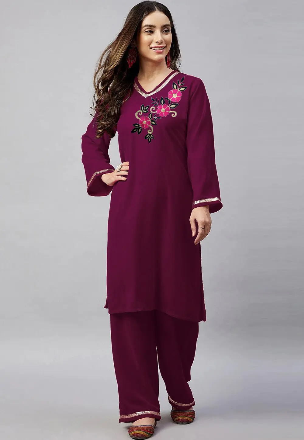 Purple Velvet Kurta Set With Palazzo 300069