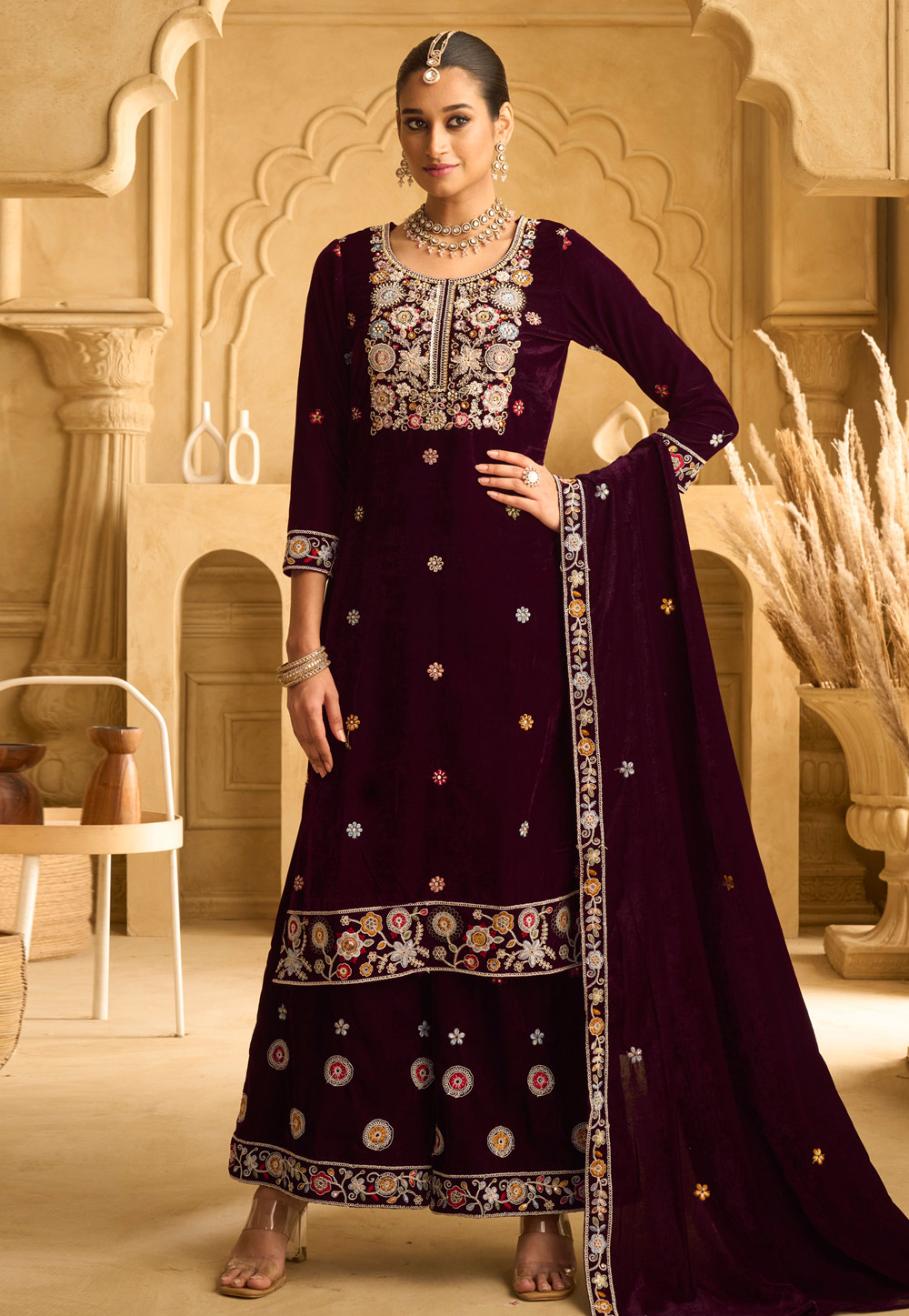 Purple Velvet Palazzo Suit 309586