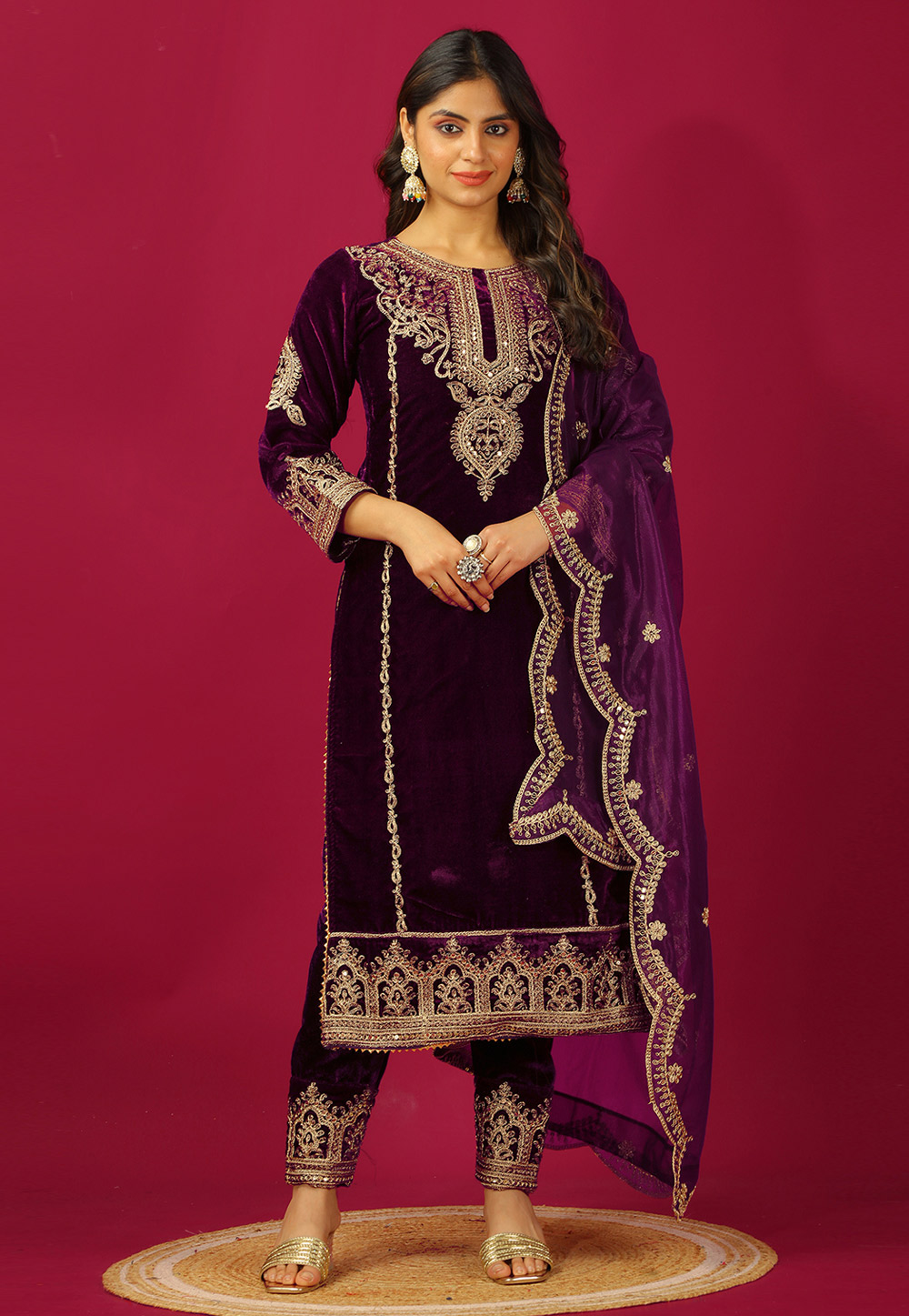 Purple Velvet Readymade Pakistani Suit 306208