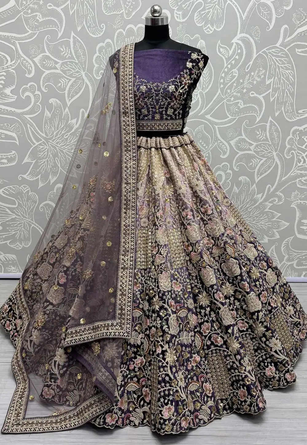 Purple Velvet Wedding Lehenga Choli 293705