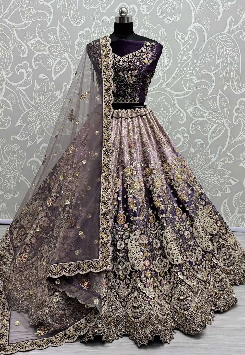 Purple Velvet Wedding Lehenga Choli 293707