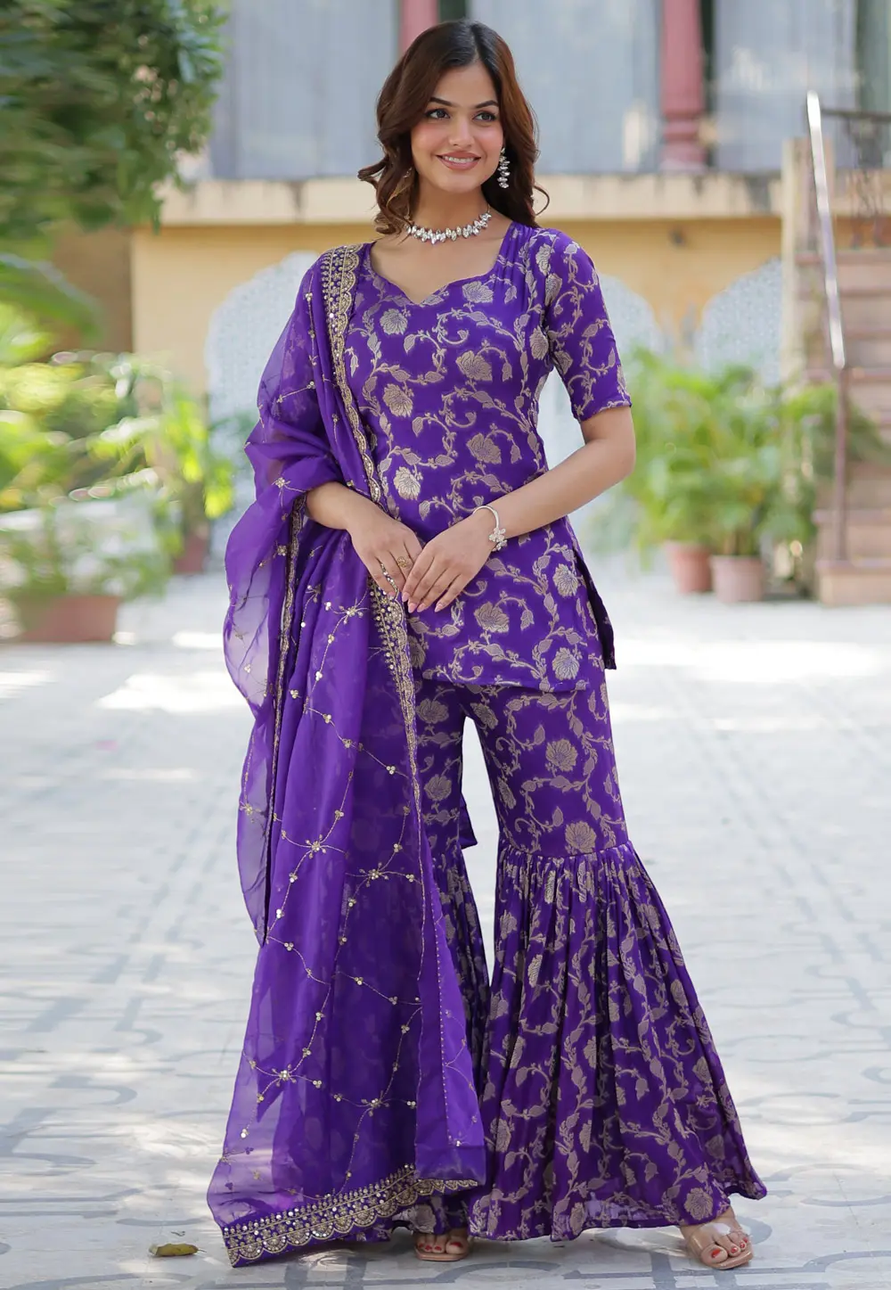 Purple Viscose Georgette Readymade Sharara Suit 303372