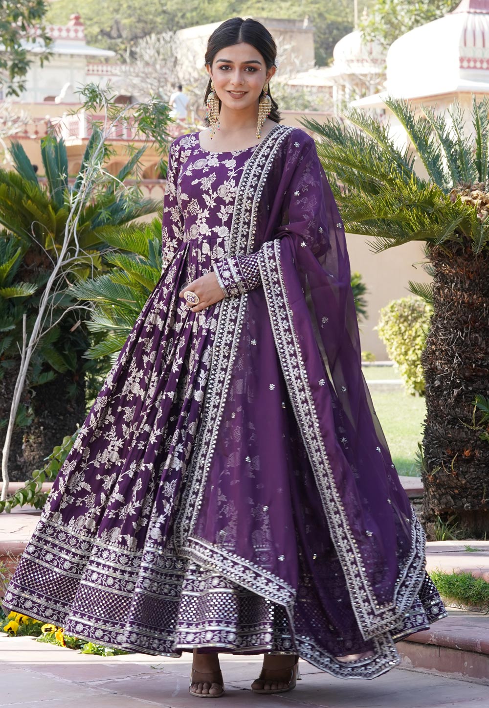 Purple Viscose Jacquard Readymade Anarkali Suit 285195