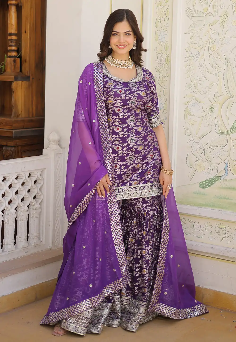 Purple Viscose Jacquard Readymade Sharara Suit 288152