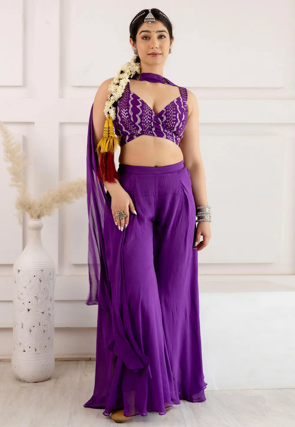 Purple Viscose Readymade Palazzo Suit 298419