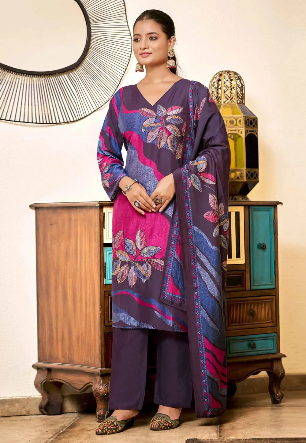 Purple Viscose Readymade Pant Style Suit 297770