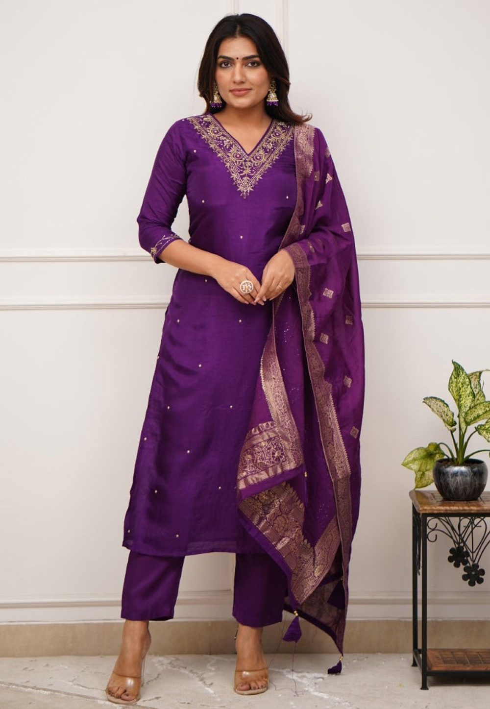 Purple Viscose Readymade Pant Style Suit 305022