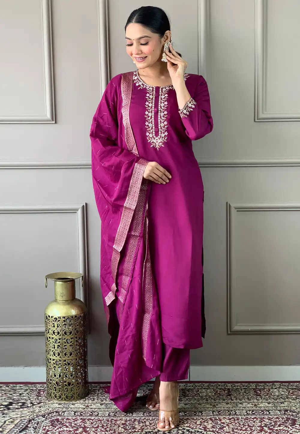 Purple Viscose Readymade Pant Style Suit 293215