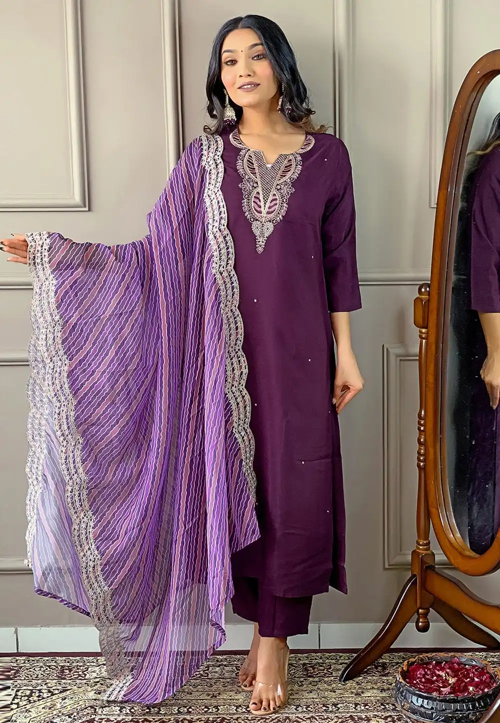 Purple Viscose Readymade Pant Style Suit 293219