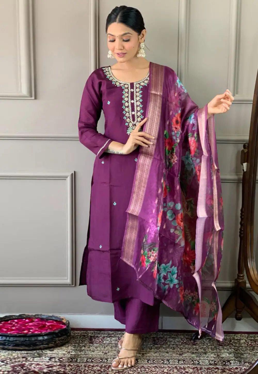 Purple Viscose Readymade Pant Style Suit 295832