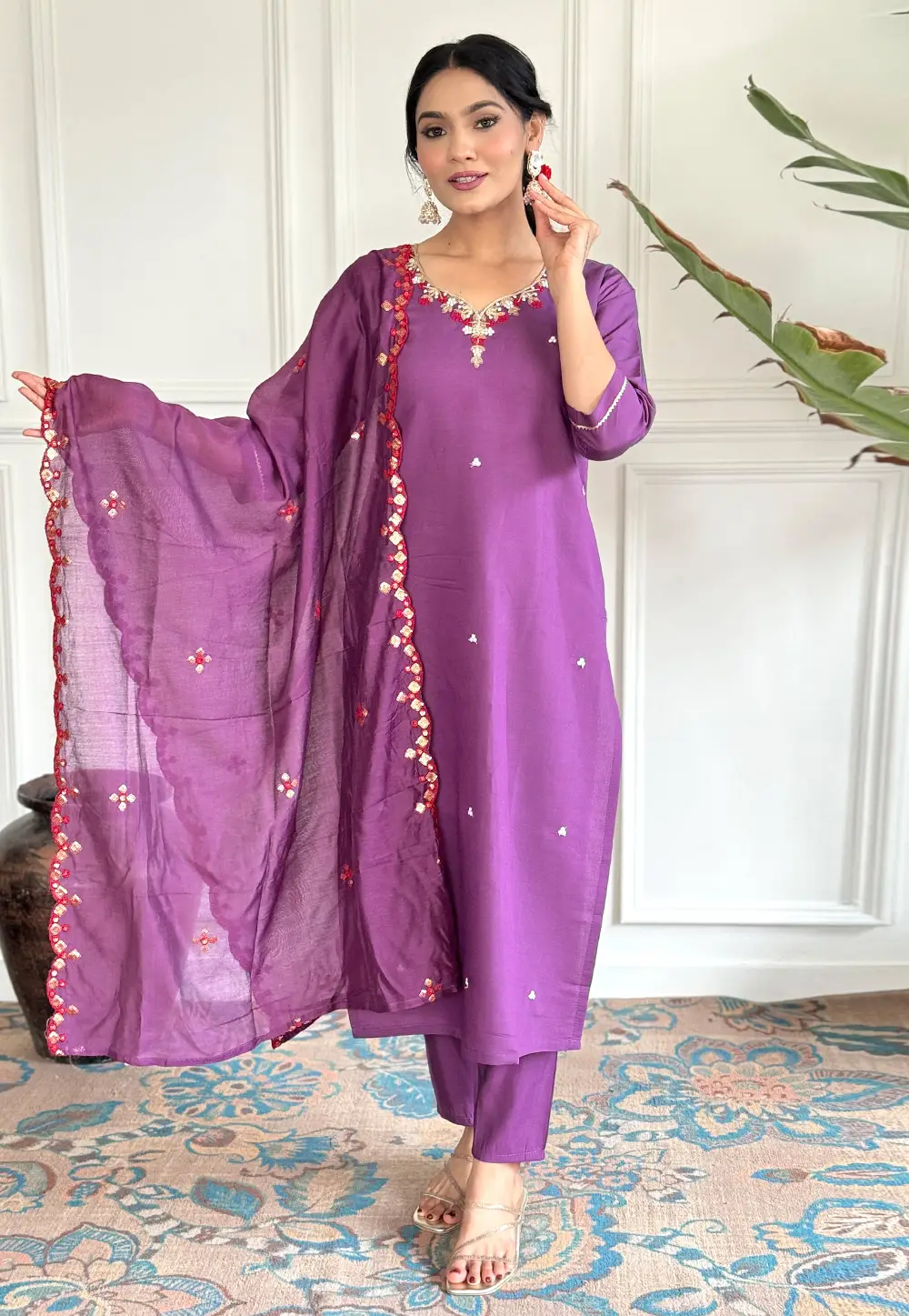 Purple Viscose Readymade Pant Style Suit 295834