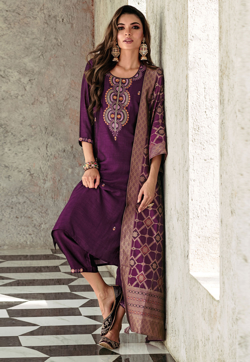 Purple Viscose Readymade Pant Style Suit 309488