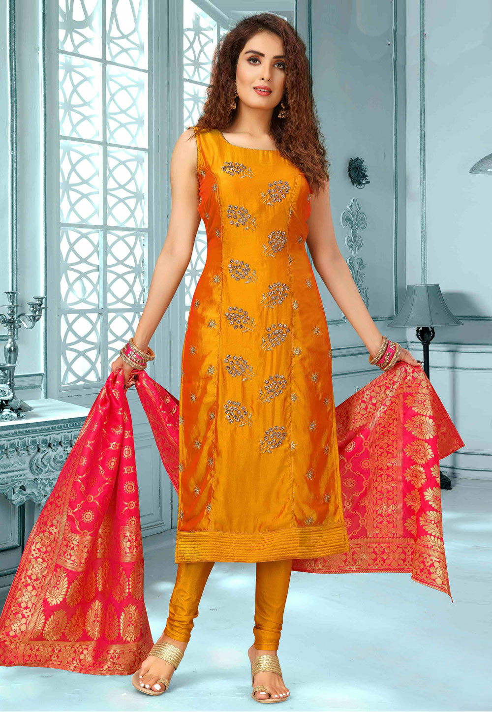 Orange Art Silk Readymade Churidar Suit 213797