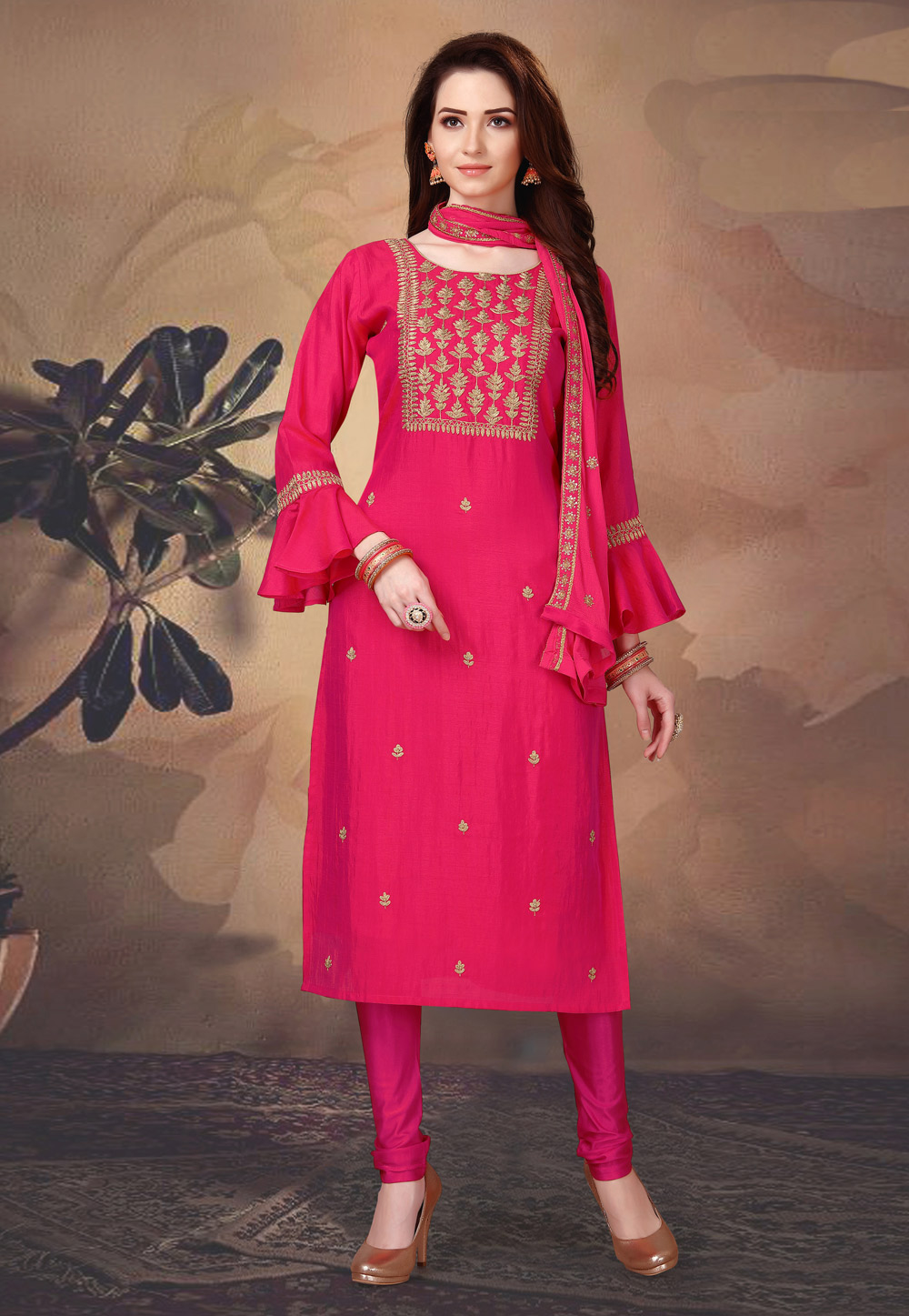 Pink Art Silk Readymade Churidar Suit 213801
